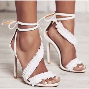 FSJ White Ruffled Lace-Up High Heel Sandals Women’s Size 9 Open Toe Stiletto